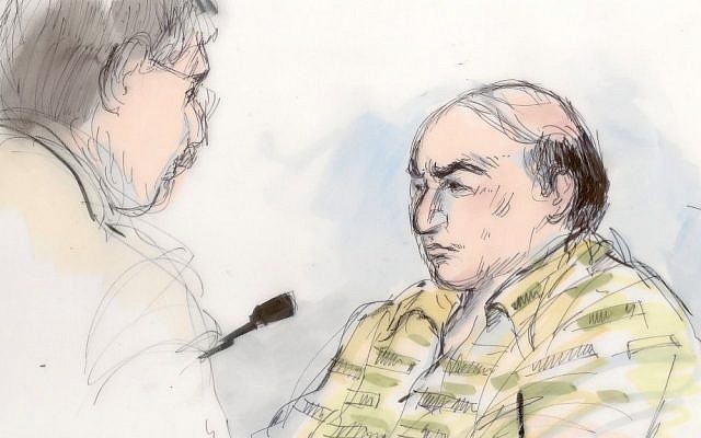 This courtroom sketch shows Mark Basseley Youssef (Nakoula Basseley Nakoula), right, appearing to give testimony at a hearing on Thursday (photo credit: AP/Mona Shafer Edwards)