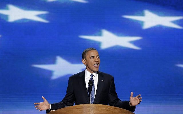 US President Barack Obama addresses the Democratic National Convention in Charlotte, North Carolina, on Thursday, Sept. 6, 2012. (photo credit: J. Scott Applewhite/AP)