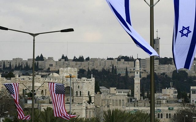 American and Israeli flags hanging in the street of Jerusalem (photo credit: Olivier Fitoussi/Flash90)