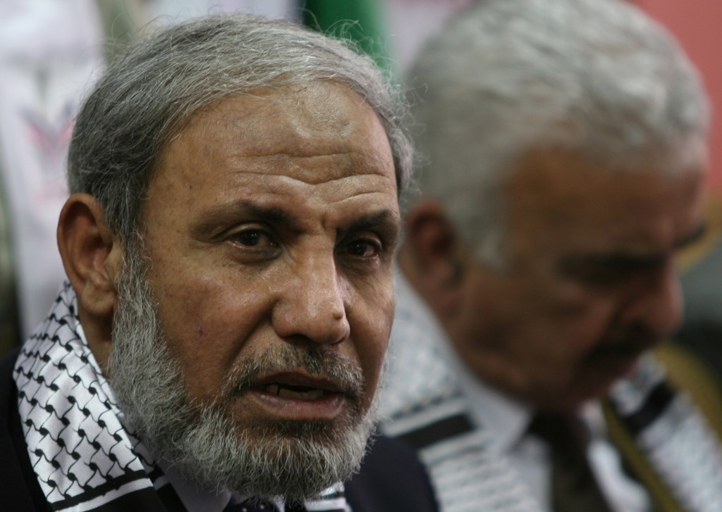 Senior Hamas leader Mahmoud al-Zahar giving a press conference in 2008 (photo credit: Wissam Nassar/Flash90)