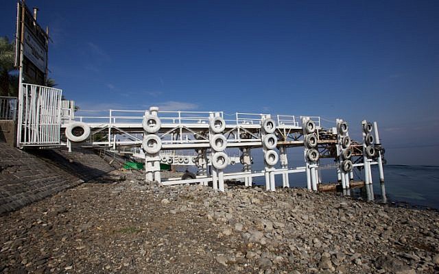 An exposed pier in the city of Tiberias (photo credit: Doron Horowitz/Flash90)