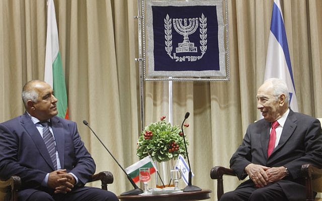 Bulgaria Prime Minister Boyko Borisov meets with Israel President Shimon Peres at the President's Residence in Jerusalem on Tuesday (photo credit: Miriam Alster/Flash90)