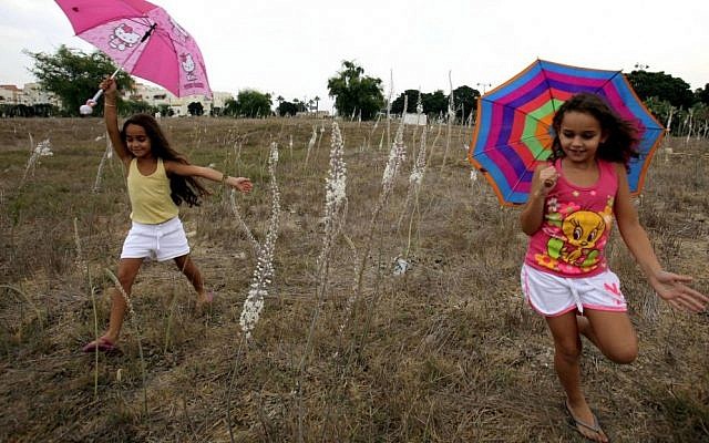 Israeli children running with umbrellas in a field of sea squill flowers in the city of Ashkelon, during the first rain of the year. September 29, 2012. (photo credit: Edi Israel/Flash90)