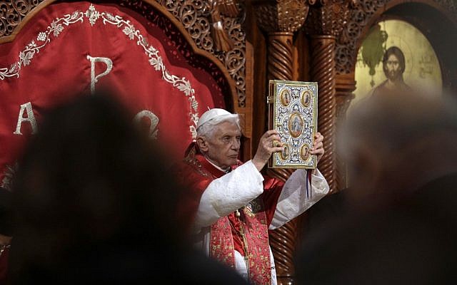 Pope Benedict XVI leads a ceremony in St. Paul Basilica in Harissa, near Beirut, on Friday, September 14, 2012 (photo credit: AP/Alessandra Tarantino) Pope Benedict XVI leads a ceremony in St. Paul Basilica in Harissa, near Beirut, on Friday, September 14, 2012 (photo credit: AP/Alessandra Tarantino)
