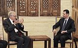 Syrian President Bashar Assad, right, meeting with the UN-Arab League's special envoy to Syria Lakhdar Brahimi earlier this month (photo credit: AP/SANA)
