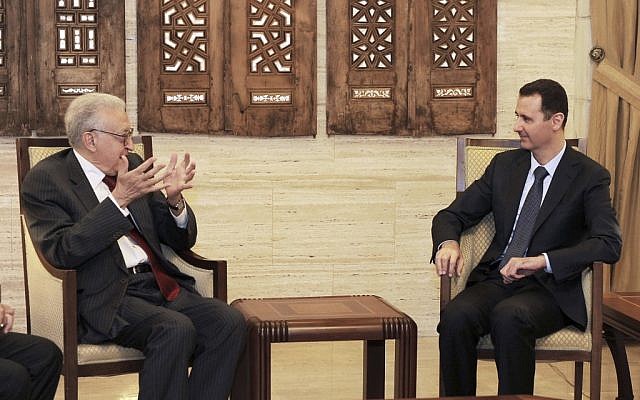 Syrian President Bashar Assad, right, meeting with the UN-Arab League's special envoy to Syria Lakhdar Brahimi earlier this month (photo credit: AP/SANA) Syrian President Bashar Assad, right, meeting with the UN-Arab League's special envoy to Syria Lakhdar Brahimi earlier this month (photo credit: AP/SANA)