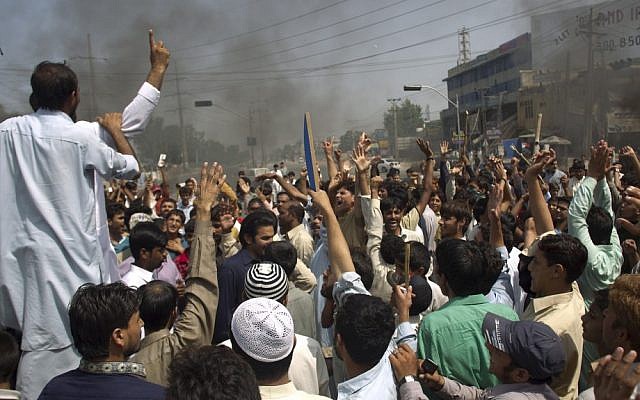 Protesters shout anti-US slogans at a rally in Rawalpindi, Pakistan earlier this month (photo credit: AP/B.K. Bangash)