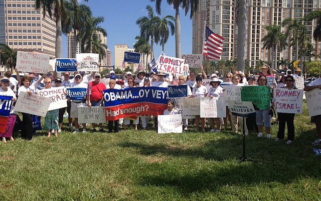 Republican Jewish Coalition members awaiting Barack Obama's arrival in West Palm Beach, Fla. on Sept. 9. (photo credit: Courtesy RJC/JTA) Republican Jewish Coalition members awaiting Barack Obama's arrival in West Palm Beach, Fla. on Sept. 9. (photo credit: Courtesy RJC/JTA)