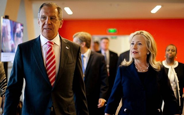 Former US secretary of state Hillary Clinton, right, and Russian Foreign Minister Sergey Lavrov during the Asian-Pacific Economic Cooperation (APEC) Summit in Vladivostok, Russia, in September, 2012 (Jim Watson/AP)