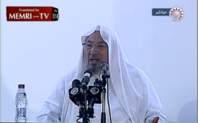 Sheikh Yusuf Al-Qaradawi delivering a Friday sermon on September 14. (photo credit: image capture from MEMRI video)