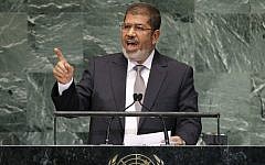 Mohammed Morsi addresses the UN General Assembly, September 26 (photo credit: AP/Jason DeCrow)