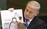 Prime Minister Benjamin Netanyahu draws a red line for Iran's nuclear program during his address to the UN General Assembly in September 2012 (photo credit: AP/Seth Wenig)