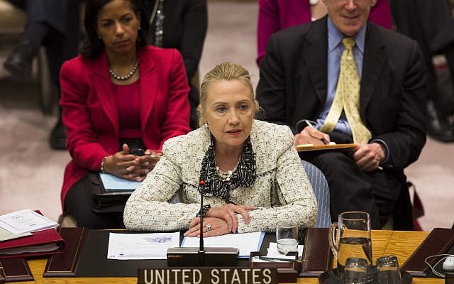 US Secretary of State Hillary Clinton during a meeting of the Security Council during the 67th U.N. General Assembly on September 26. (photo credit: AP/John Minchillo) US Secretary of State Hillary Clinton during a meeting of the Security Council during the 67th U.N. General Assembly on September 26. (photo credit: AP/John Minchillo)