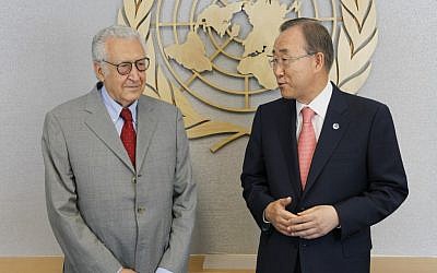 UN chief Ban Ki-moon (right) meets with Lakhdar Brahimi (photo credit: AP/David Karp)