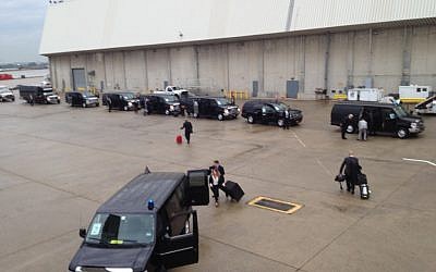The prime ministerial motorcade in New York's JFK airport (photo credit: Raphael Ahren/Times of Israel) The prime ministerial motorcade in New York's JFK airport (photo credit: Raphael Ahren/Times of Israel)