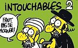 The cover of an issue of Charlie Hebdo depicting an ultra-Orthodox man pushing a wheelchair-bound Muslim (screen capture)