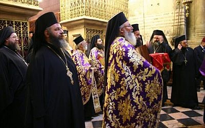 Greek Orthodox priests celebrating Easter at the Church of the Holy Sepulcher in Jerusalem (photo credit: Shmuel Bar-Am)