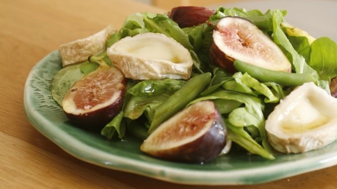 The greens, browns and pinks of a fig and goat cheese salad) (Courtesy Phyllis Glazer/photo credit: Dania Wiener)