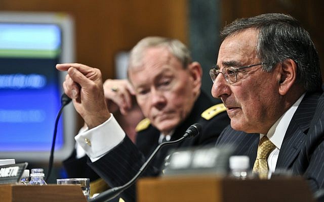 Defense Secretary Leon Panetta, foreground, and Joint Chiefs of Staff head Martin Dempsey speaking to a Congressional hearing in 2012. (Department of Defense/Glenn Fawcett)
