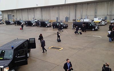 Benjamin Netanyahu's motorcade at JFK airport in New York, Thursday (photo credit: Raphael Ahren/The Times of Israel)
