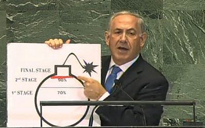 Netanyahu's nuclear diagram, presented at the UN General Assembly in September 2012. (photo credit: IBA screenshot)