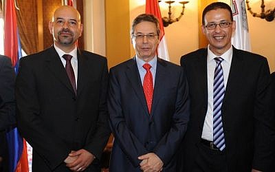 Deputy Foreign Minister Danny Ayalon poses with the new ambassadors of Jordan (left) and Egypt (right) at Jerusalem's King David Hotel, October 17 (photo credit: office of Danny Ayalon)