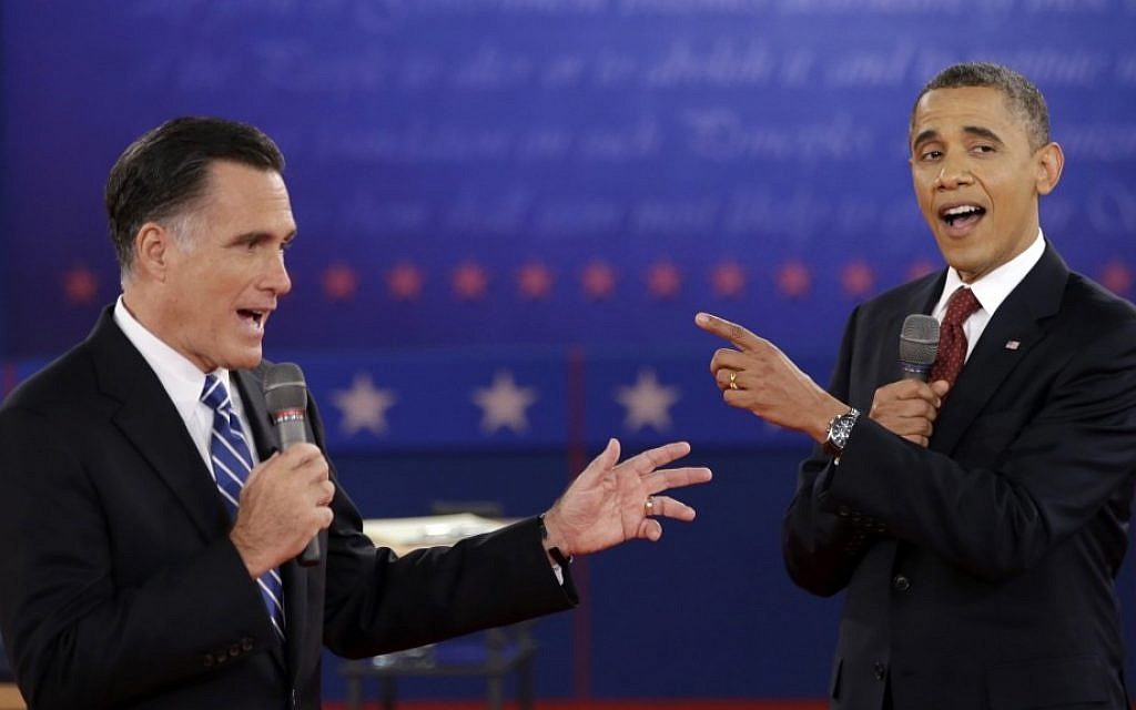 Republican presidential candidate Mitt Romney, left, and US President Barack Obama face off during the second presidential debate at Hofstra University in Hempstead, NY on October 16 (photo credit: AP/David Goldman) Republican presidential candidate Mitt Romney, left, and US President Barack Obama face off during the second presidential debate at Hofstra University in Hempstead, NY on October 16 (photo credit: AP/David Goldman)