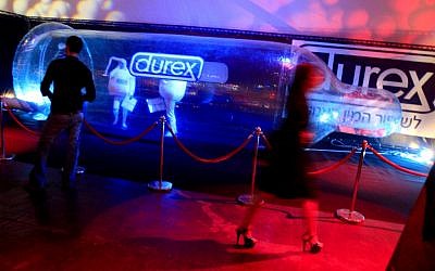 A Durex condom presentation stand at the country's first-ever sex festival in Tel Aviv in February 2008 (photo credit: Olivier Fitoussi/Flash90)