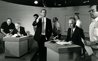 Former Prime Minister Yitzhak Shamir (left) and current Israeli president Shimon Peres (right) prepare for a TV appearance in 1986. (photo credit: Moshe Shai/Flash90)