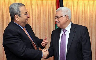 Former prime minister Ehud Barak shakes hands with Palestinian President Mahmoud Abbas during a meeting in New York in 2010 (photo credit: Ariel Hermoni/Ministry of Defense/Flash90) Defense Minister Ehud Barak (L) shakes hands with Palestinian President Mahmoud Abbas during a meeting in New York in 2010 (photo credit: Ariel Hermoni/Ministry of Defense/Flash90)