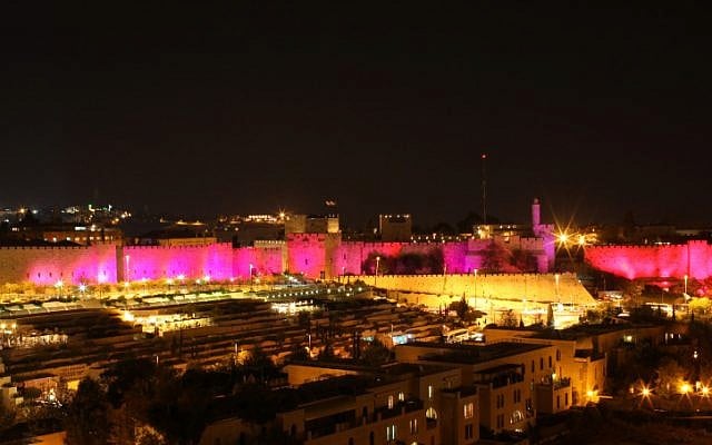 Pink lights used to promote breast cancer awareness light up Jerusalem's Old City, October 2010. (photo credit: Kobi Gideon/Flash90)