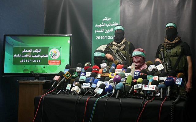 Members of Al-Qassam Brigades give a press conference in Gaza, December 2010 (photo credit: Mohammed Othman / Flash90)