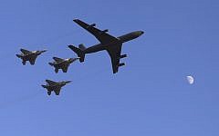 Illustrative photo of IAF F-15I fighter jets being refueled by a Boeing 707, during an air show at the graduation ceremony of Israeli pilots at the Hatzerim air force base in the Negev desert, on Thursday, June 28, 2012 (photo credit: Tsafrir Abayov/Flash90)