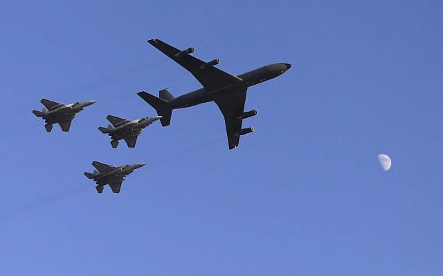 Illustrative photo of IAF F-15I fighter jets being refueled by a Boeing 707, during an air show at the graduation ceremony of Israeli pilots at the Hatzerim air force base in the Negev desert, on Thursday, June 28, 2012 (photo credit: Tsafrir Abayov/Flash90) Illustrative photo of IAF F-15I fighter jets being refueled by a Boeing 707, during an air show at the graduation ceremony of Israeli pilots at the Hatzerim air force base in the Negev desert, on Thursday, June 28, 2012 (photo credit: Tsafrir Abayov/Flash90)