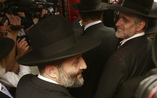 Eli Yishai, right, and Aryeh Deri participate in a circumcision ceremony for the great-grandson of Shas' spiritual leader, Rabbi Ovadia Yosef, on October 14, 2012. (photo credit: Oren Nahshon/Flash90) Eli Yishai, right, and Aryeh Deri participate in a circumcision ceremony for the great-grandson of Shas' spiritual leader, Rabbi Ovadia Yosef, on October 14, 2012. (photo credit: Oren Nahshon/Flash90)