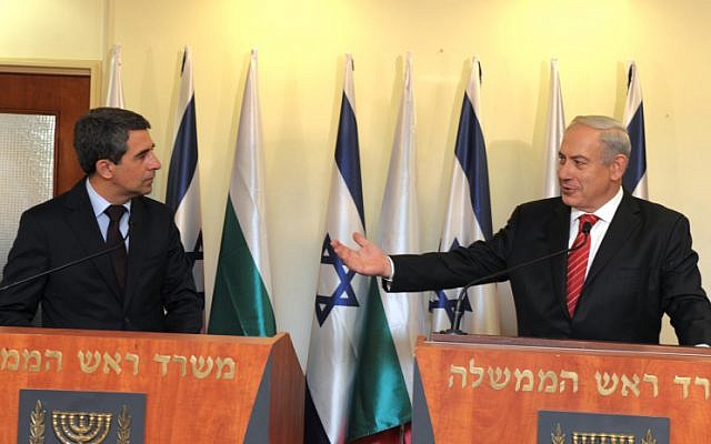 Prime Minister Benyamin Netanyahu meets with Bulgarian President Rosen Plevneliev as they meet at Netanyahu's office in Jerusalem on October 23 (photo credit: Moshe Milner/Flash90)
