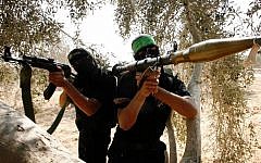 Palestinians from the Izz ad-Din al-Qassam brigade of the military wing of Hamas during a training session in Rafah in the southern Gaza Strip (photo credit: Abed Rahim Khatib/Flash90)