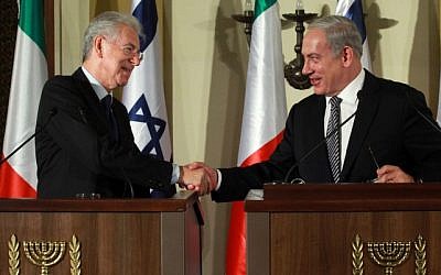 Prime Minister Benjamin Netanyahu (right) meets his counterpart Mario Monti in Jerusalem on October 25. (photo credit: Marc Israel Sellemn/Flash90)