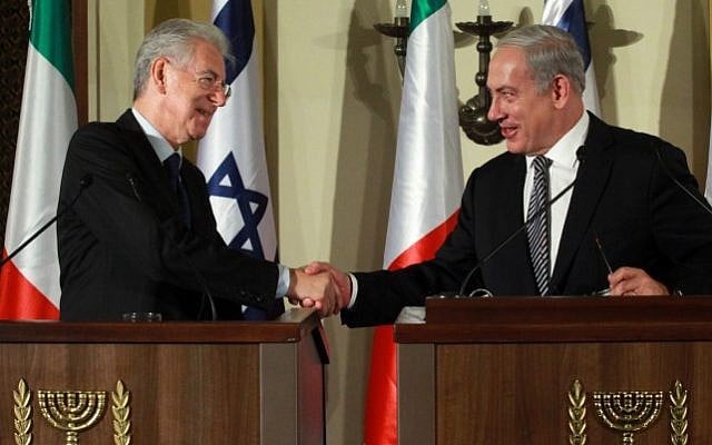Prime Minister Benjamin Netanyahu (right) meets his counterpart Mario Monti in Jerusalem on October 25. (photo credit: Marc Israel Sellemn/Flash90)