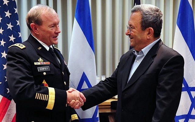Defense Minister Ehud Barak, right, meets with Chairman of the US Joint Chiefs of Staff General Martin Dempsey in Tel Aviv on Sunday (photo credit: Ariel Hermoni/Defense Ministry/Flash90) Defense Minister Ehud Barak, right, meets with Chairman of the US Joint Chiefs of Staff General Martin Dempsey in Tel Aviv on Sunday (photo credit: Ariel Hermoni/Defense Ministry/Flash90)