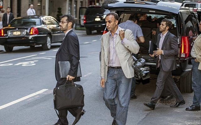 Hassan Gol Khanban with the Iranian delegation in New York last week. (photo credit: AP/Gary Krauss)