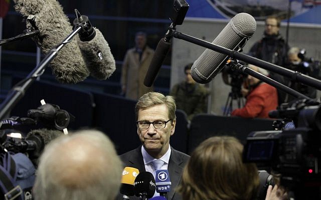 German Foreign Minister Guido Westerwelle, center, speaks with the media as he arrives for a meeting of EU Foreign Ministers in Luxembourg on Monday Oct. 15, 2012 (photo credit: AP Photo/Virginia Mayo) German Foreign Minister Guido Westerwelle, center, speaks with the media as he arrives for a meeting of EU Foreign Ministers in Luxembourg on Monday Oct. 15, 2012 (photo credit: AP Photo/Virginia Mayo)