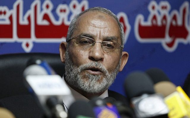 Mohammed Badie speaks at an October 9, 2010, press conference in Cairo, Egypt. (photo credit: AP) Mohammed Badie speaks at an October 9, 2010, press conference in Cairo, Egypt. (photo credit: AP)