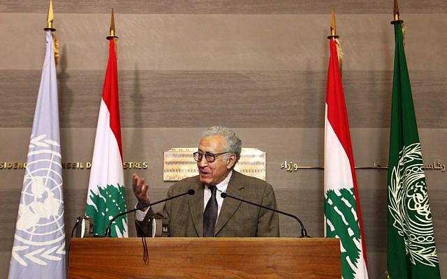 UN Arab League deputy to Syria, Lakhdar Brahimi, speaks during a press conference after meeting Lebanese Prime Minister Najib Mikati, at the government palace, in Beirut, Lebanon, Wednesday, Oct. 17, 2012. Brahimi is in Beirut to meet with Lebanese officials (photo credit: AP/Bilal Hussein)