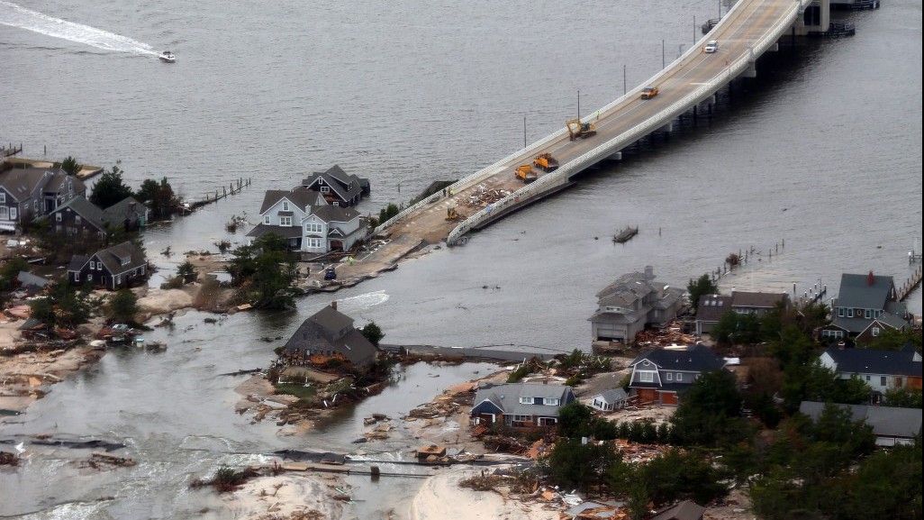The view of storm damage over the Atlantic Coast in Seaside Heights, N.J., Wednesday, Oct. 31, 2012, from a helicopter traveling behind the helicopter carrying President Obama and New Jersey Gov. Chris Christie, as they viewed storm damage from superstorm Sandy. (photo credit: Doug Mills/AP/Pool)
