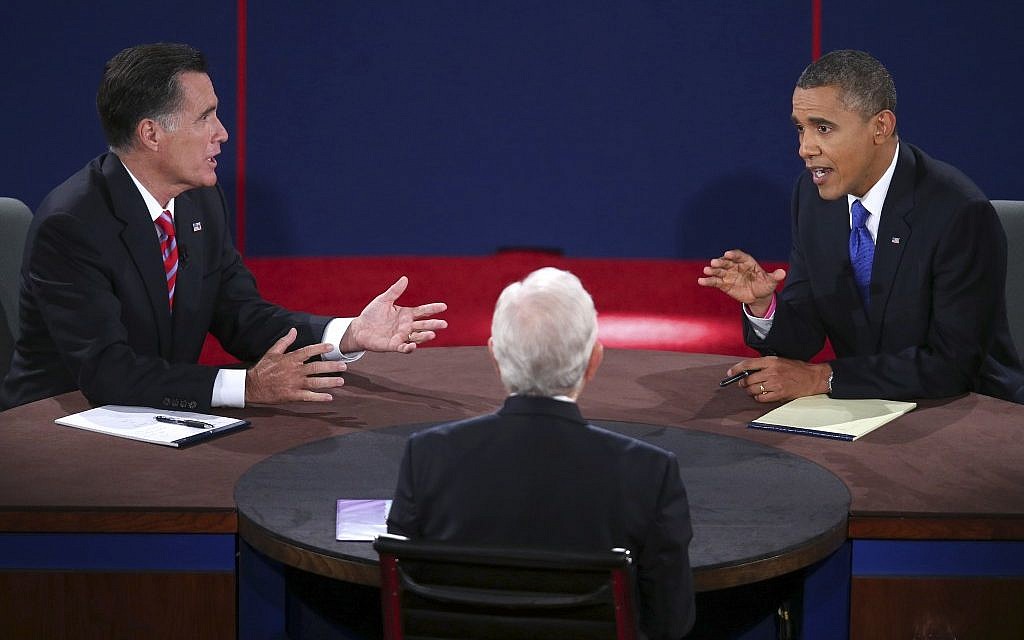 Republican presidential nominee Mitt Romney and President Barack Obama answer a question during the third presidential debate at Lynn University, Monday, Oct. 22, 2012, in Boca Raton, Fla. (photo credit: AP/Pool-Win McNamee) Republican presidential nominee Mitt Romney and President Barack Obama answer a question during the third presidential debate at Lynn University, Monday, Oct. 22, 2012, in Boca Raton, Fla. (photo credit: AP/Pool-Win McNamee)
