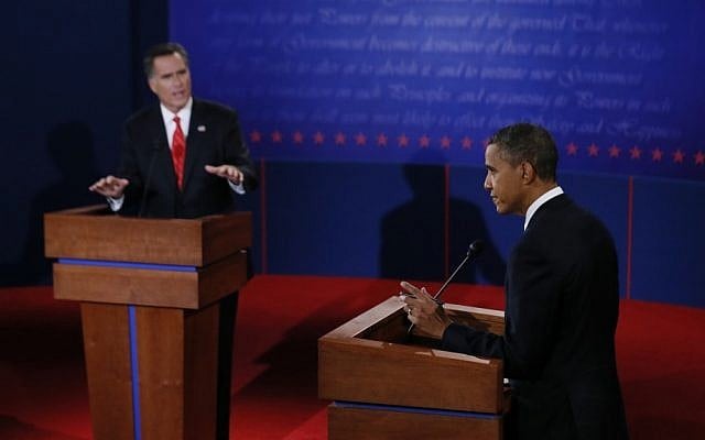 President Barack Obama and Republican presidential nominee Mitt Romney participate in the first presidential debate at the University of Denver, Wednesday, Oct. 3, 2012, in Denver. (photo credit: AP/ Rick Wilking)