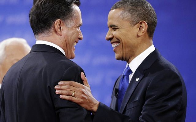 Republican presidential nominee Mitt Romney is greeted by President Barack Obama before the start of the third presidential debate, Monday, Oct. 22, 2012. (photo credit: AP/David Goldman) Republican presidential nominee Mitt Romney is greeted by President Barack Obama before the start of the third presidential debate, Monday, Oct. 22, 2012. (photo credit: AP/David Goldman)