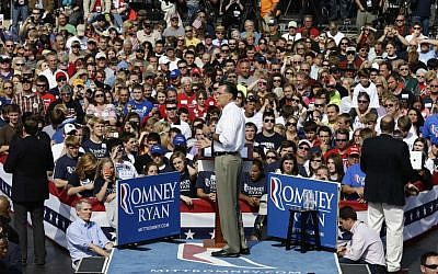 Republican presidential candidate and former Massachusetts Gov. Mitt Romney campaigns at Shawnee State University in Portsmouth, Ohio, Saturday, Oct. 13, 2012. (photo credit: AP/Charles Dharapak)