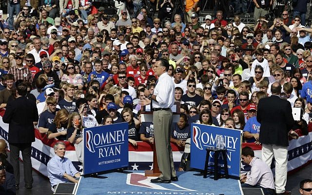 Republican presidential candidate and former Massachusetts Gov. Mitt Romney campaigns at Shawnee State University in Portsmouth, Ohio, Saturday, Oct. 13, 2012. (photo credit: AP/Charles Dharapak)